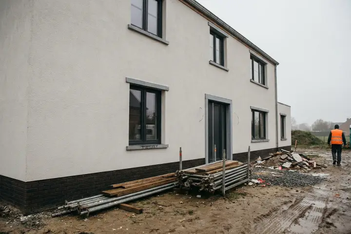 Afgewerkte gevel in sierpleister met strakke dagkanten rond de ramen
