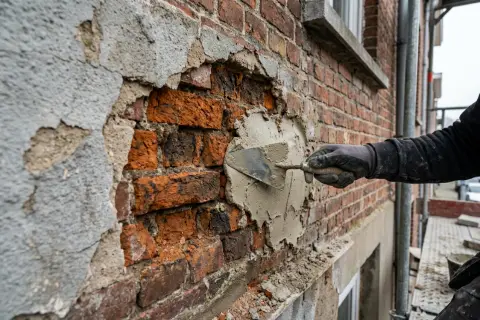 Afgekapte zone in oude buitenpleister die opnieuw wordt aangevuld