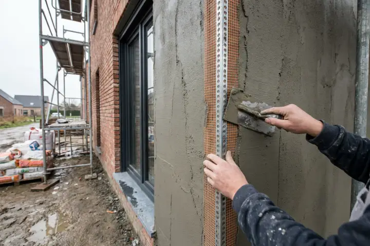 Hoekprofiel met net dat in de wapeningslaag van een buitenhoek wordt gedrukt
